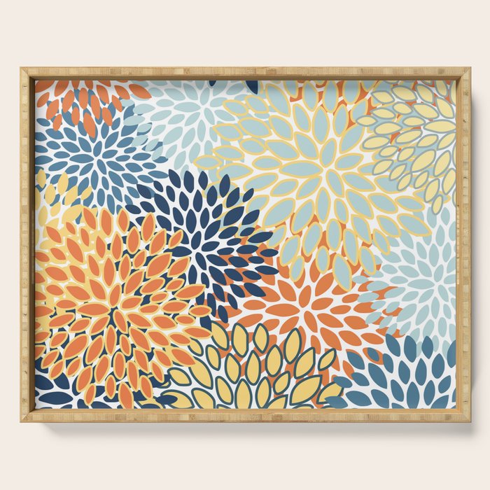 Modern, Floral Prints, Orange, Blue, Yellow Serving Tray Gallery Image 1