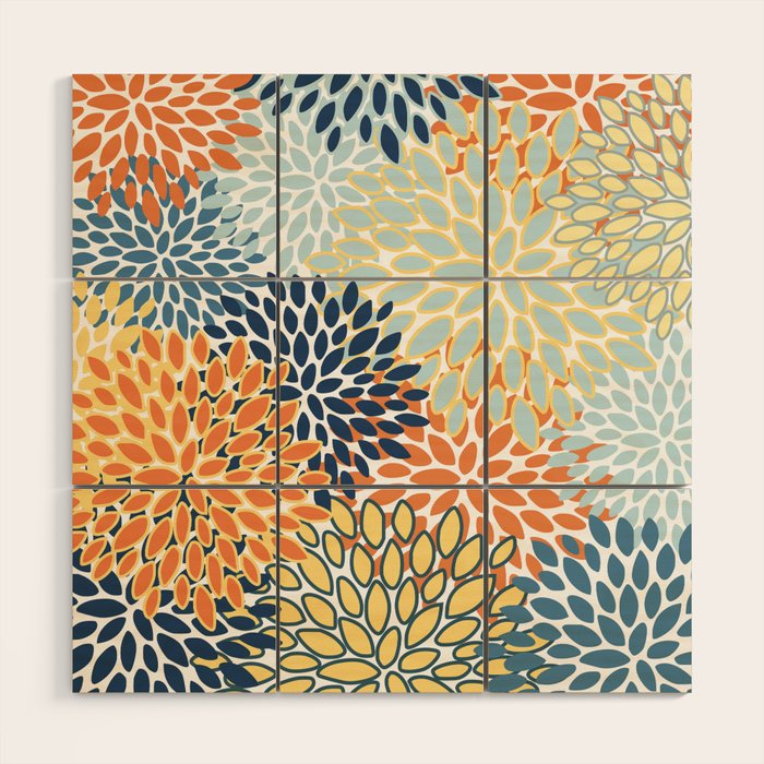 Modern, Floral Prints, Orange, Blue, Yellow Wood Wall Art Gallery Image 1