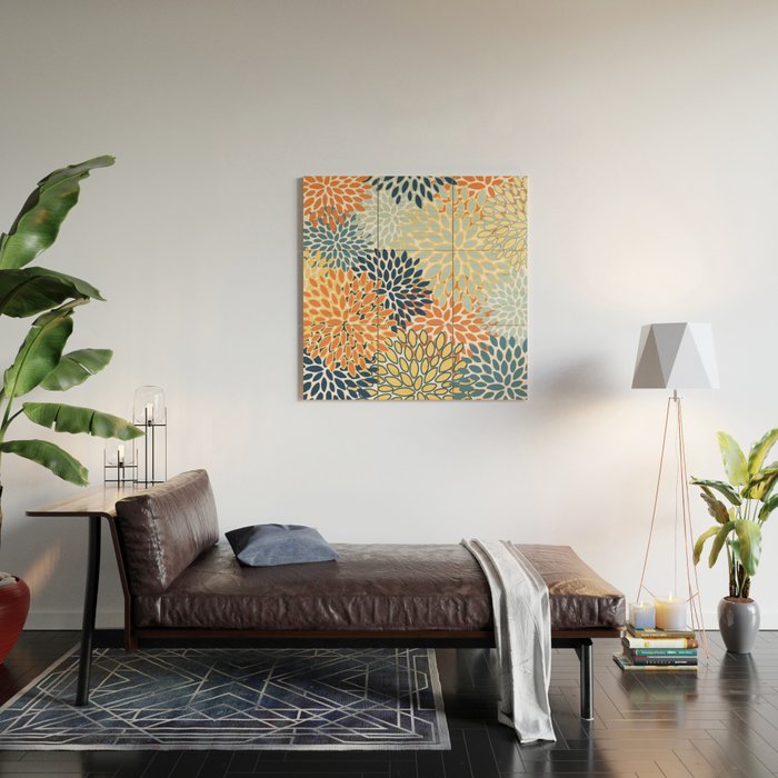 Modern, Floral Prints, Orange, Blue, Yellow Wood Wall Art Gallery Image 2