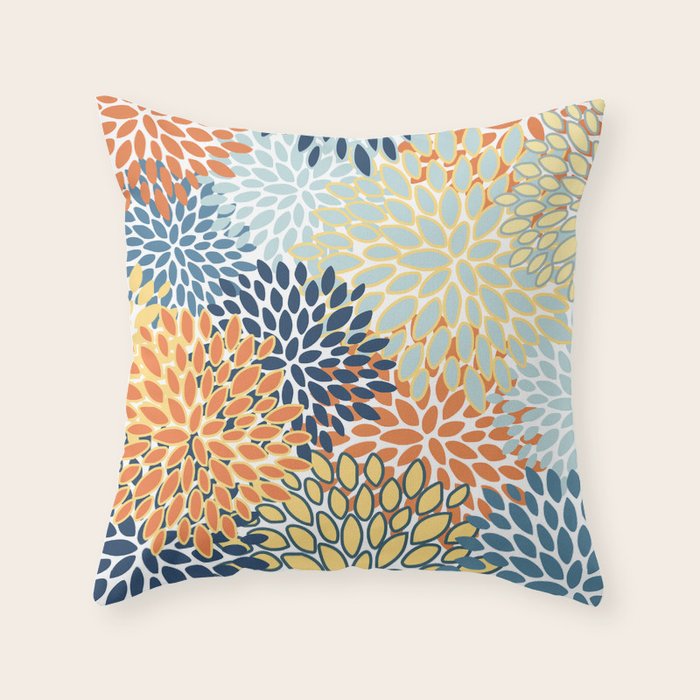 Modern, Floral Prints, Orange, Blue, Yellow Throw Pillow Gallery Image 1