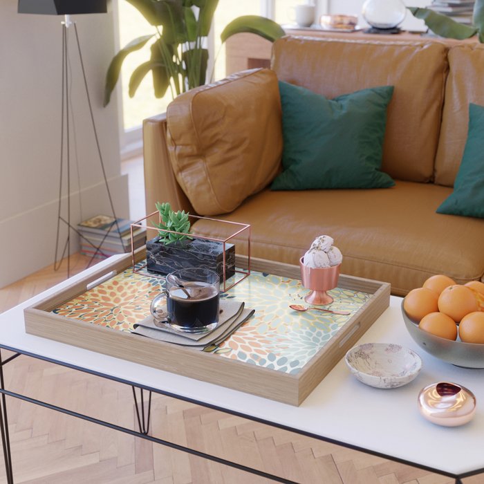 Modern, Floral Prints, Orange, Blue, Yellow Serving Tray Gallery Image 2