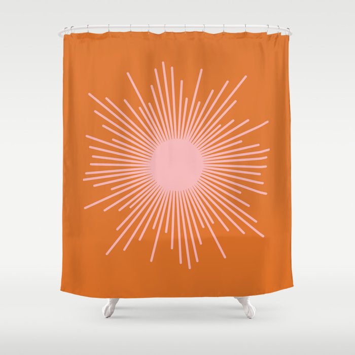 Sunburst - Minimalist Mid Century Modern Sun in Pink and Orange Shower Curtain Gallery Image 1
