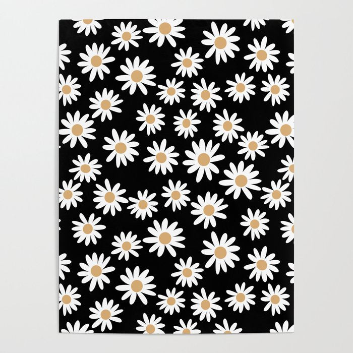 Daisies - daisy floral repeat, daisy flowers, 70s, retro, black, daisy floral Poster Gallery Image 1