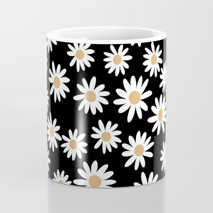 Daisies - daisy floral repeat, daisy flowers, 70s, retro, black, daisy floral Coffee Mug Gallery Image 4