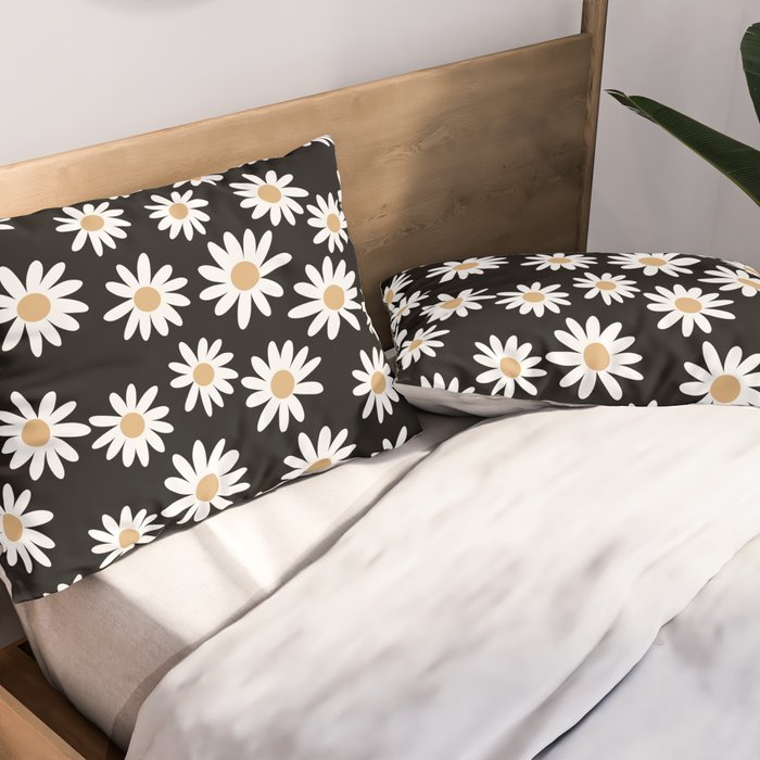 Daisies - daisy floral repeat, daisy flowers, 70s, retro, black, daisy floral Pillow Sham Gallery Image 2