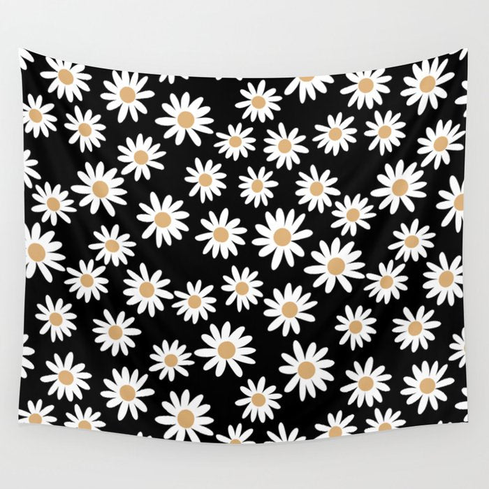 Daisies - daisy floral repeat, daisy flowers, 70s, retro, black, daisy floral Wall Tapestry Gallery Image 1