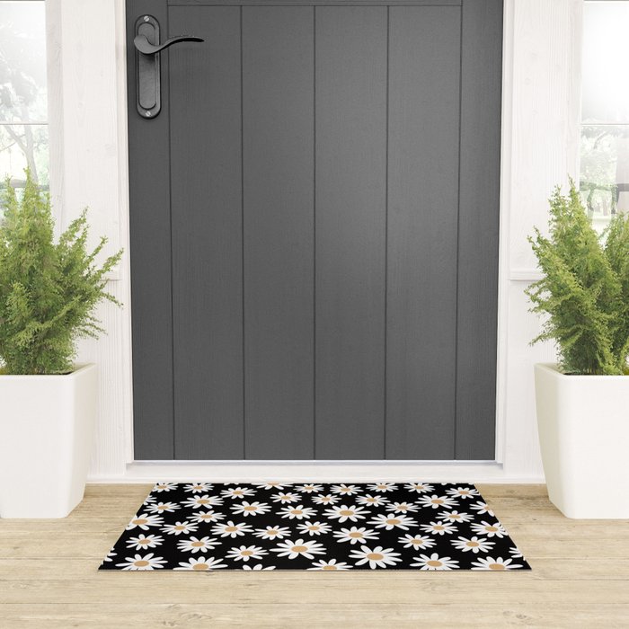 Daisies - daisy floral repeat, daisy flowers, 70s, retro, black, daisy floral Welcome Mat Gallery Image 3