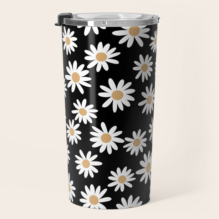 Daisies - daisy floral repeat, daisy flowers, 70s, retro, black, daisy floral Travel Mug Gallery Image 3