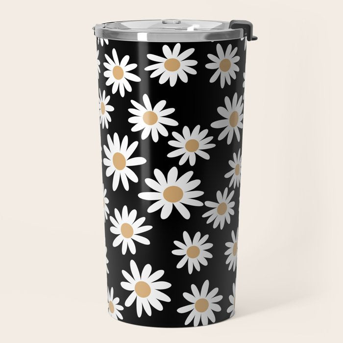 Daisies - daisy floral repeat, daisy flowers, 70s, retro, black, daisy floral Travel Mug Gallery Image 2