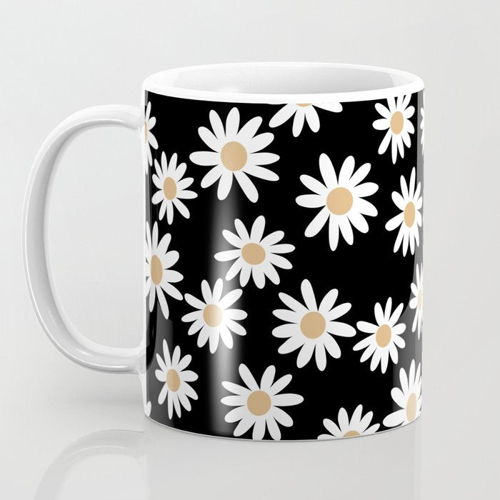 Daisies - daisy floral repeat, daisy flowers, 70s, retro, black, daisy floral Coffee Mug Gallery Image 3