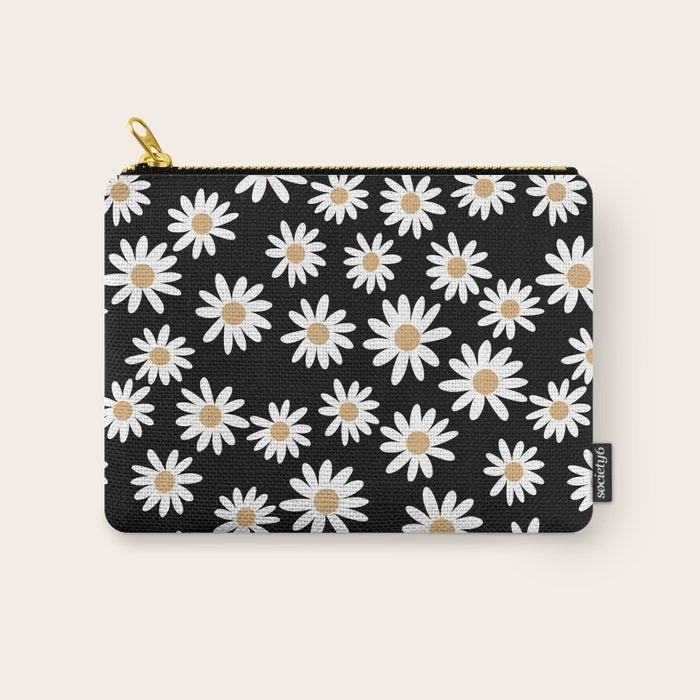 Daisies - daisy floral repeat, daisy flowers, 70s, retro, black, daisy floral Carry All Pouch Gallery Image 1