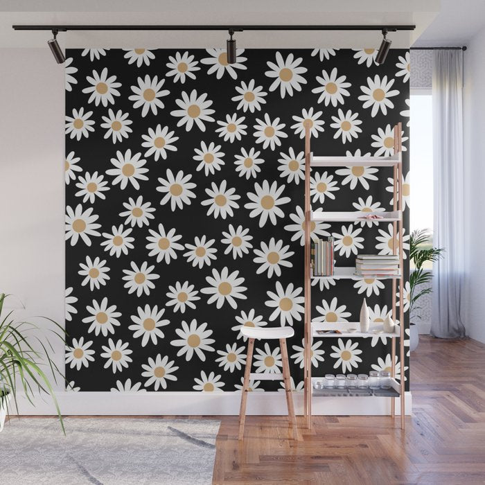 Daisies - daisy floral repeat, daisy flowers, 70s, retro, black, daisy floral Wall Mural Gallery Image 1