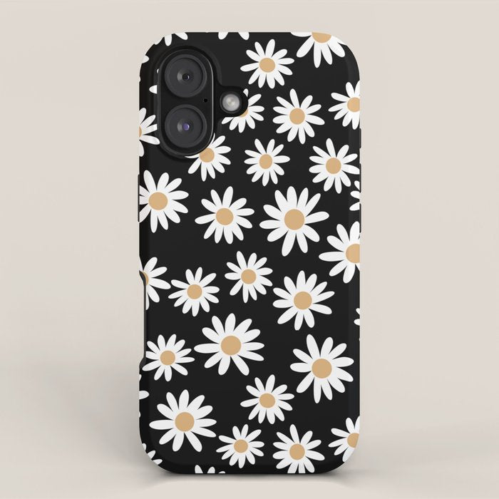 Daisies - daisy floral repeat, daisy flowers, 70s, retro, black, daisy floral iPhone Case Gallery Image 1