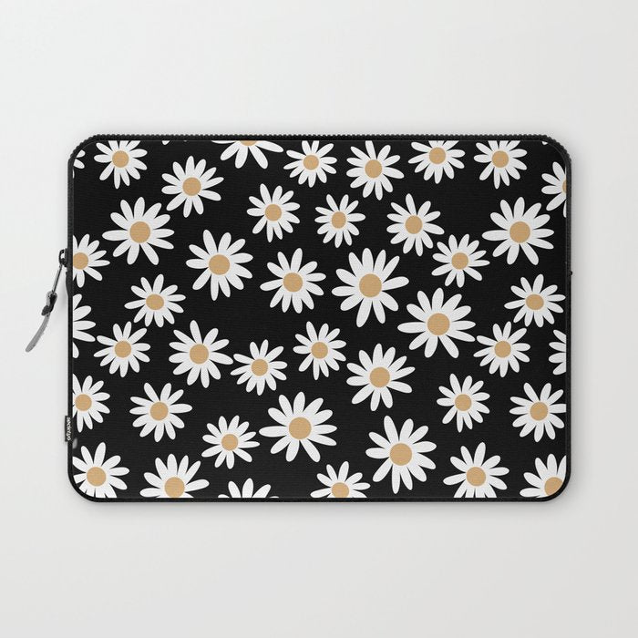 Daisies - daisy floral repeat, daisy flowers, 70s, retro, black, daisy floral Laptop Sleeve