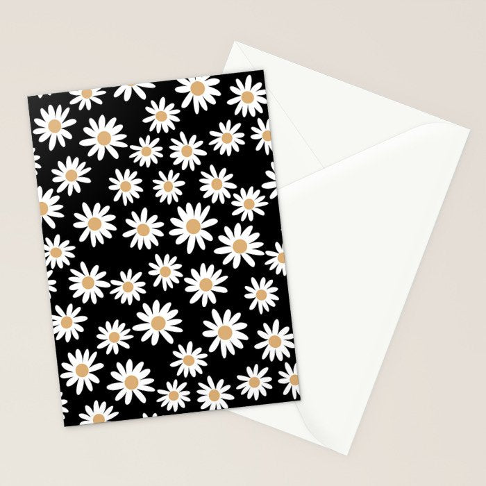 Daisies - daisy floral repeat, daisy flowers, 70s, retro, black, daisy floral Stationery Card Gallery Image 2