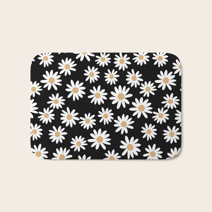 Daisies - daisy floral repeat, daisy flowers, 70s, retro, black, daisy floral Bath Mat Gallery Image 1