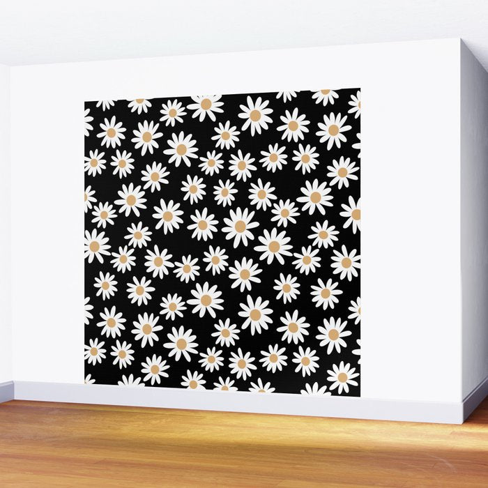Daisies - daisy floral repeat, daisy flowers, 70s, retro, black, daisy floral Wall Mural Gallery Image 2