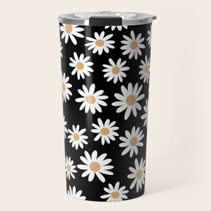 Daisies - daisy floral repeat, daisy flowers, 70s, retro, black, daisy floral Travel Mug Gallery Image 1
