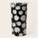 Daisies - daisy floral repeat, daisy flowers, 70s, retro, black, daisy floral Travel Mug Gallery Image 1
