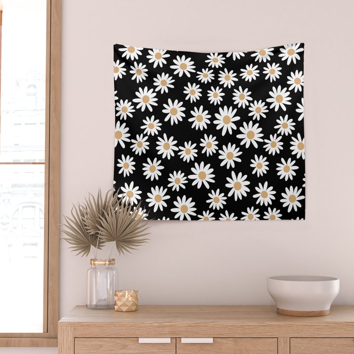 Daisies - daisy floral repeat, daisy flowers, 70s, retro, black, daisy floral Wall Tapestry Gallery Image 2
