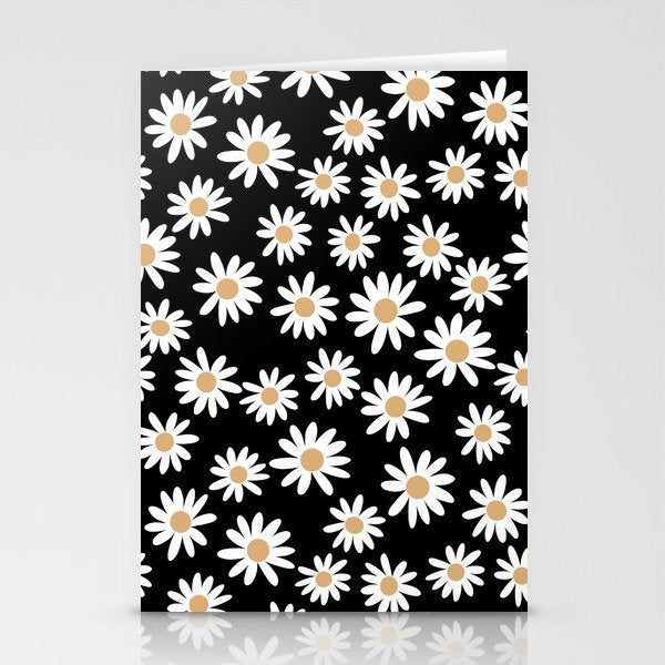 Daisies - daisy floral repeat, daisy flowers, 70s, retro, black, daisy floral Stationery Card Gallery Image 2