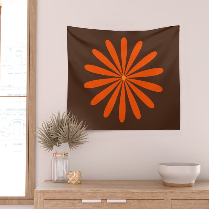 Big Daisy Retro Minimalist Flower in Vintage 70s Orange and Dark Brown Wall Tapestry Gallery Image 2