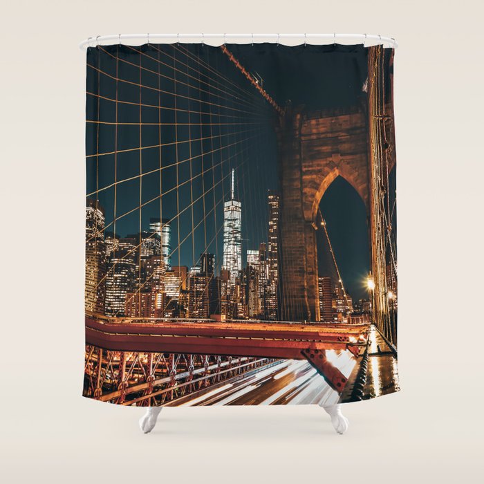 Brooklyn Bridge and Manhattan skyline in New York City at night Shower Curtain Gallery Image 1