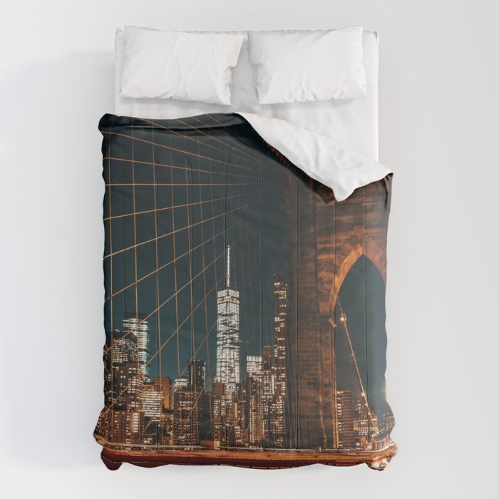 Brooklyn Bridge and Manhattan skyline in New York City at night Comforter Gallery Image 6