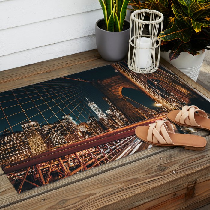 Brooklyn Bridge and Manhattan skyline in New York City at night Outdoor Rug Gallery Image 2
