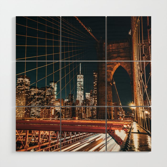 Brooklyn Bridge and Manhattan skyline in New York City at night Wood Wall Art