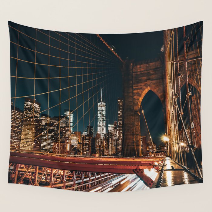 Brooklyn Bridge and Manhattan skyline in New York City at night Wall Tapestry Gallery Image 1