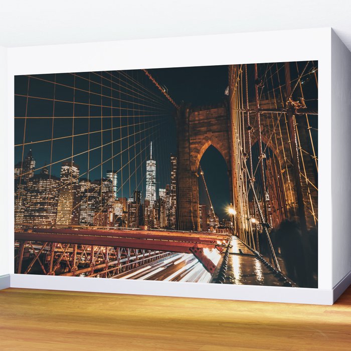 Brooklyn Bridge and Manhattan skyline in New York City at night Wall Mural Gallery Image 2