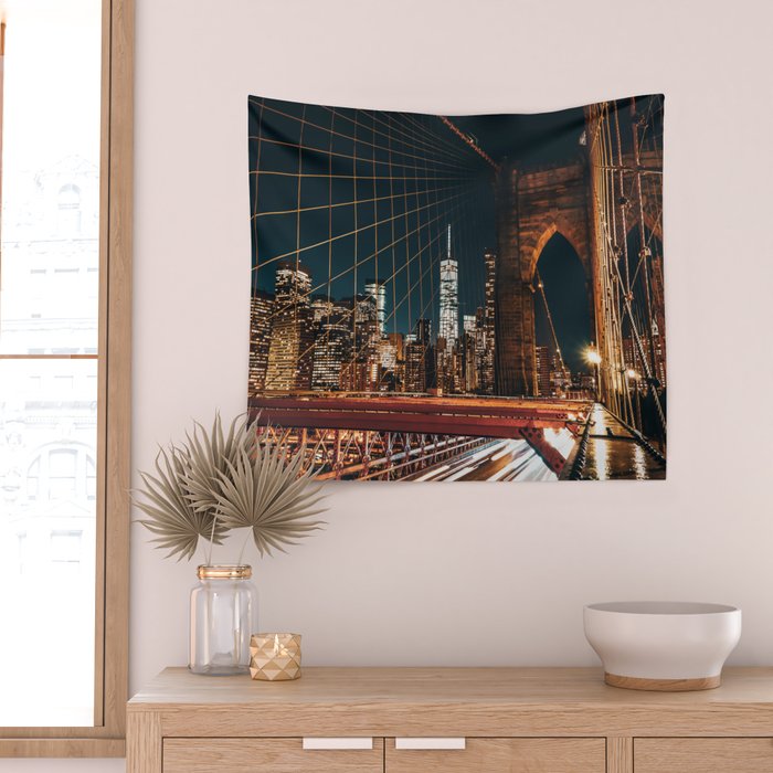 Brooklyn Bridge and Manhattan skyline in New York City at night Wall Tapestry Gallery Image 2