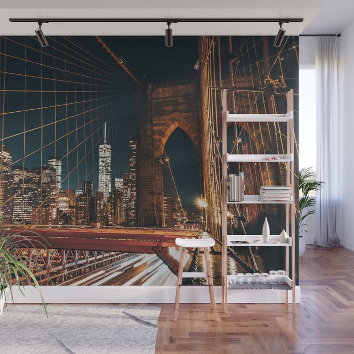 Brooklyn Bridge and Manhattan skyline in New York City at night Wall Mural
