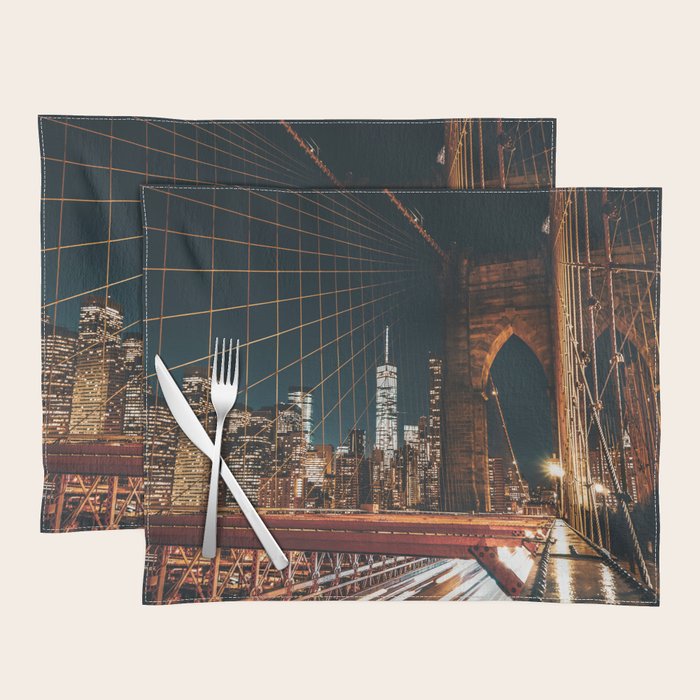 Brooklyn Bridge and Manhattan skyline in New York City at night Placemat Gallery Image 1