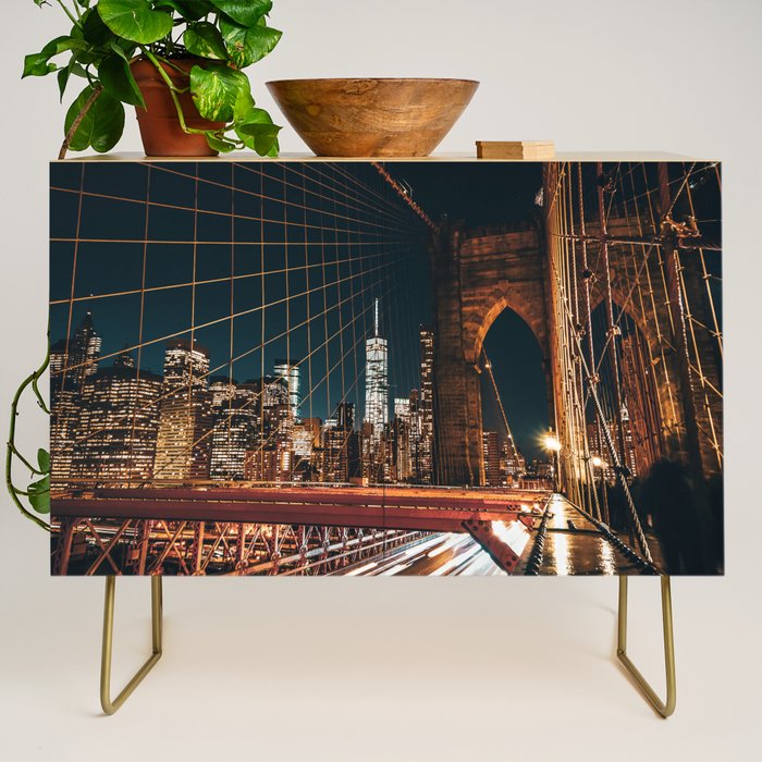 Brooklyn Bridge and Manhattan skyline in New York City at night Credenza Gallery Image 1