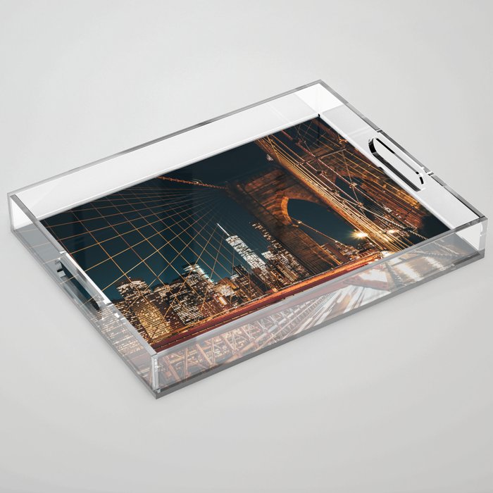 Brooklyn Bridge and Manhattan skyline in New York City at night Acrylic Tray Gallery Image 1