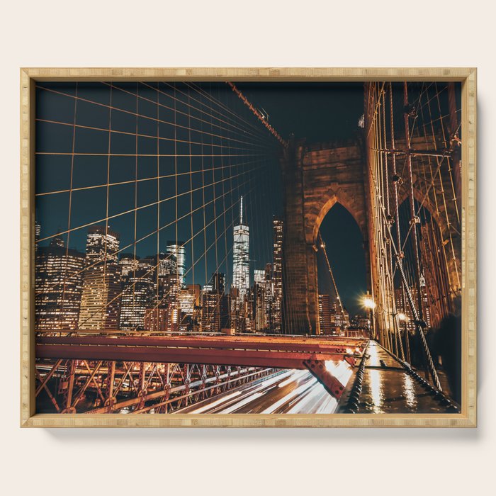 Brooklyn Bridge and Manhattan skyline in New York City at night Serving Tray Gallery Image 1