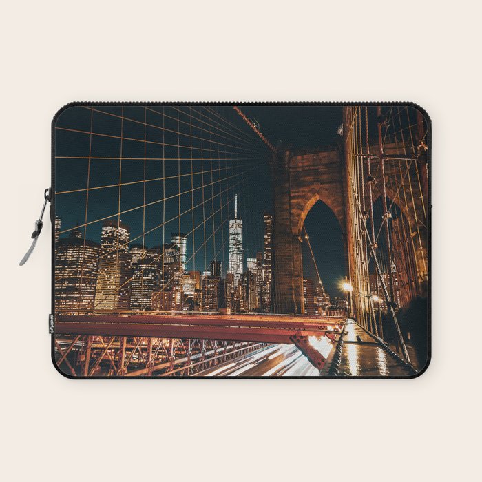 Brooklyn Bridge and Manhattan skyline in New York City at night Laptop Sleeve Gallery Image 1