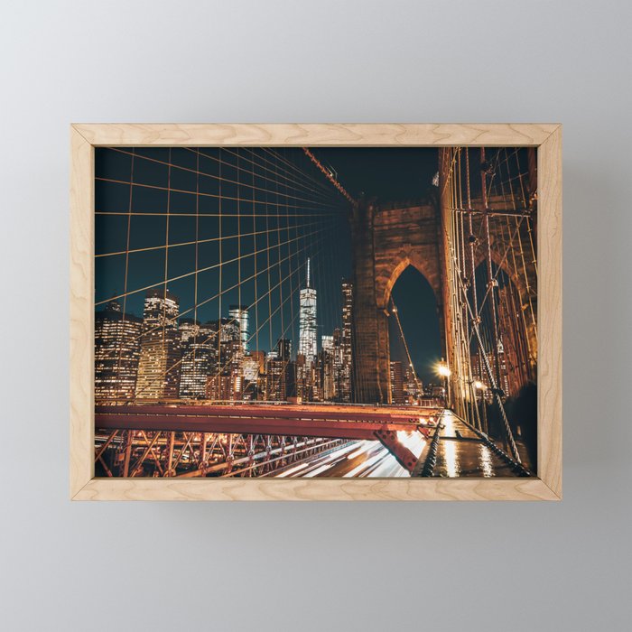 Brooklyn Bridge and Manhattan skyline in New York City at night Mini Art Print Gallery Image 1