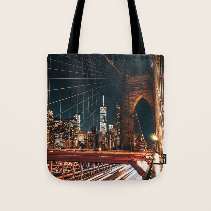 Brooklyn Bridge and Manhattan skyline in New York City at night Tote Bag Gallery Image 1