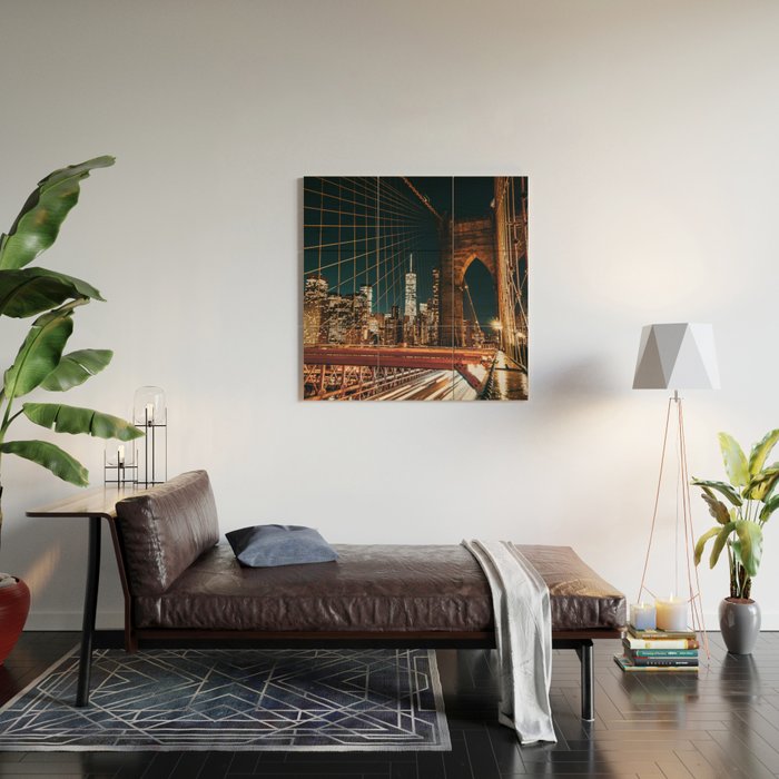 Brooklyn Bridge and Manhattan skyline in New York City at night Wood Wall Art Gallery Image 2