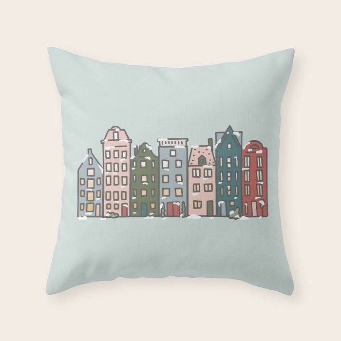 Snow Capped Row Houses Throw Pillow Gallery Image 1