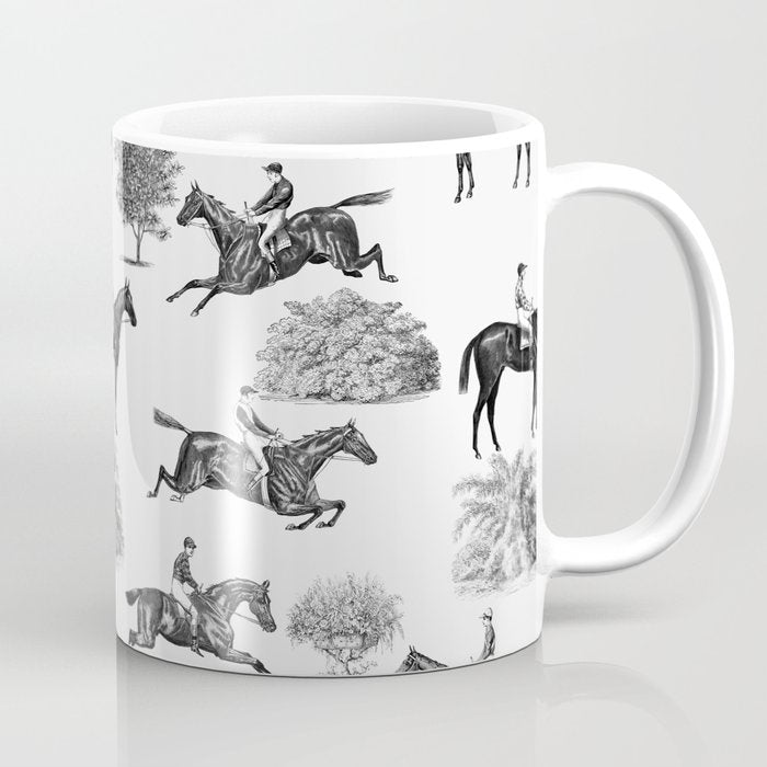 Horse Racing Black and White Toile Pattern  Coffee Mug Gallery Image 1