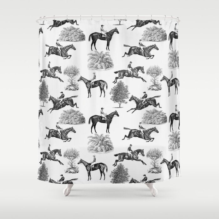 Horse Racing Black and White Toile Pattern  Shower Curtain Gallery Image 1