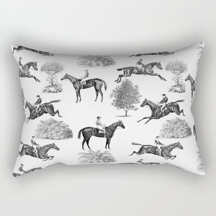 Horse Racing Black and White Toile Pattern  Rectangular Pillow Gallery Image 1