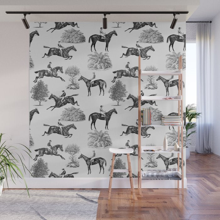 Horse Racing Black and White Toile Pattern  Wall Mural Gallery Image 1