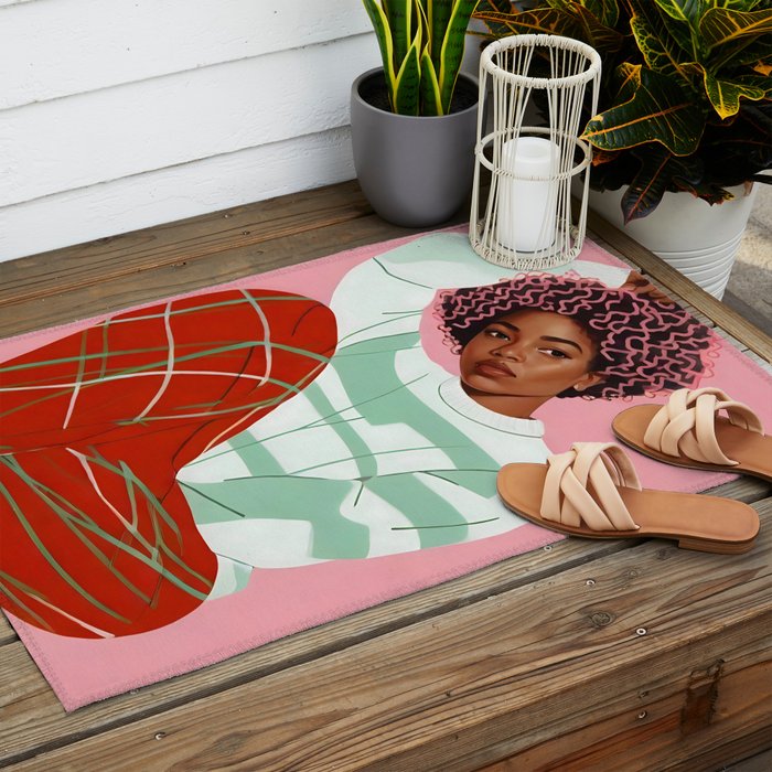 Un-Confine, Free Spirit Colorful People, Plaid Check Pattern Black Woman Afro, Tartar Fashion Eclectic Bohemian, Hep Chic Illustration Painting Outdoor Rug Gallery Image 2