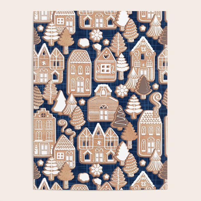 Whimsical Gingerbread Christmas Village // blue and brown Poster Gallery Image 4