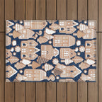 Whimsical Gingerbread Christmas Village // blue and brown Outdoor Rug Gallery Image 1